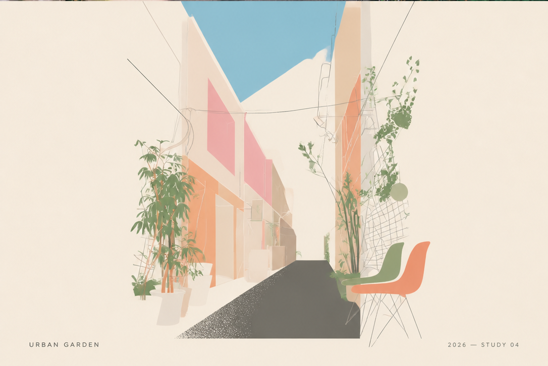 植物のある通路を描いたイラスト